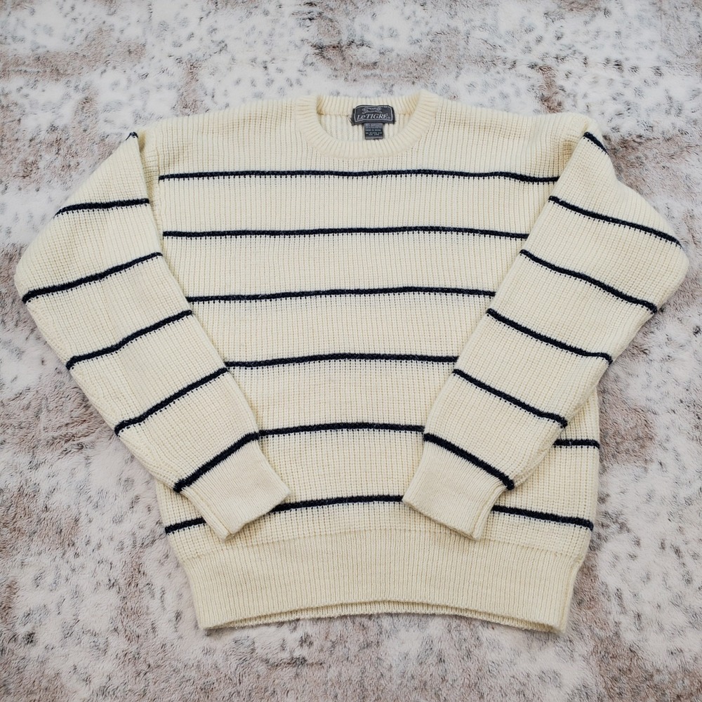 VTG Le Tigre Striped Crew Neck Knit Pullover Sweater Mens Medium Ivory Navy Blue